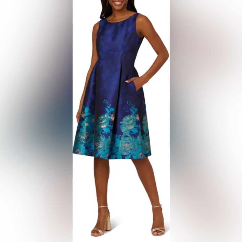 Adrianna Papell Women's Border Jacquard Dress Blue Teal Size 6.